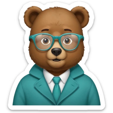 Un oso pardo con un abrigo ( color azul verdoso)y lentes sticker