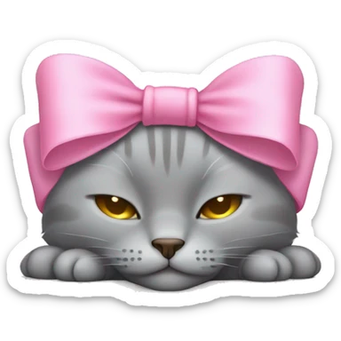 Gray cat sleeping with pink bow on head sticker