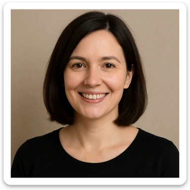 portrait of a white lady with dark brown shoulder length hair, smiling, simple background sticker