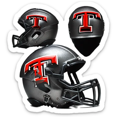 Texas-tech-red-raiders 
repeat T logo artwork all over  gunmetal silver accents on battle helmet on top  tall steampunk gothic Mohawk in multi  color Logo T in hint of shiny silver 3d sticker