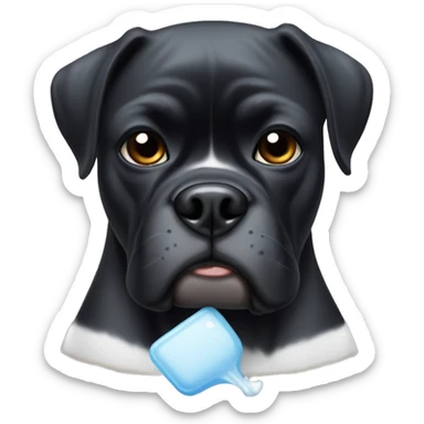 black boxer dog with some white on face making sad eyes with an ice pack on her head and thermometer in her mouth sticker