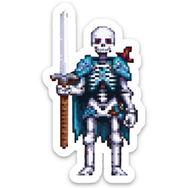 pixel art skeleton with a sword raised, classic RPG look sticker