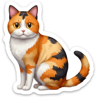full body colourful calico cat with skinny head and fat body with an anxious face sticker