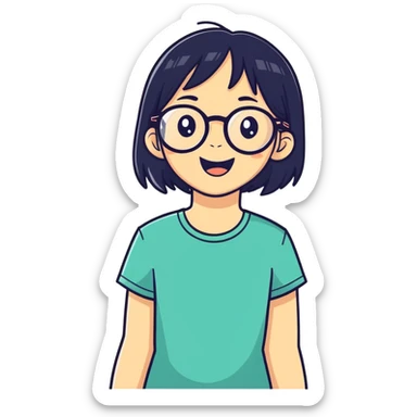 girl with black hair who has a glasses and she is exciting extrem  sticker
