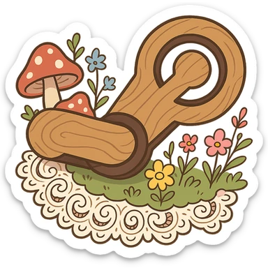 exaggerated cartoon cottagecore Steam logo made of thick rounded wood, huge lace trim, cartoon mushrooms, pastel wildflowers, whimsical fun, no text sticker