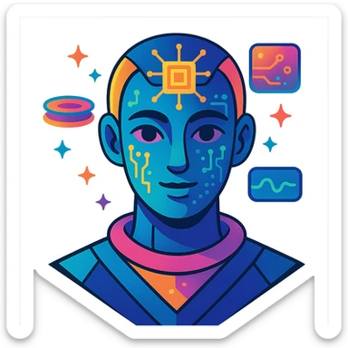 futuristic AI-Ambassador, abstract AI face with digital patterns, floating holographic elements, vibrant colors in vibrant toon style sticker