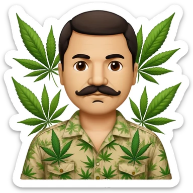 Mexican drug lord El Chapo with mustache and cannabis leaf patterned shirt sticker
