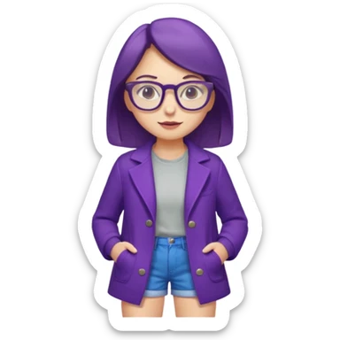 A girl wearing purple coat with shorts and glasses sticker