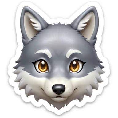 Cinematic Cute Wolf Portrait Emoji, Head tilted playfully and inquisitively, featuring a lustrous grey and white Fur with a wild, natural sheen, round, sparkling eyes filled with curious mischief, Simplified yet irresistibly adorable features, highly detailed, glowing with a warm, friendly glow, high shine, affectionate yet spirited, stylized with a touch of wilderness whimsy, bright and endearing, soft glowing outline, capturing the essence of a mischievous yet loving wolf, so playful it feels like it could bound out of the screen and into your arms! sticker