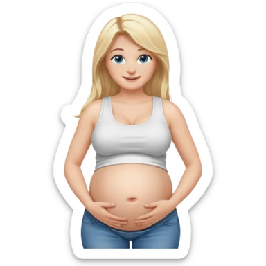 White girl, long blonde hair, white tank crop top, smiling, bare midriff, blue eyes, huge round pregnant belly, jeans. sticker