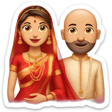 A woman in red saree and a bald man in veshti are getting married sticker
