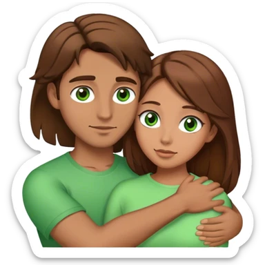 Man with brown hair and green eyes  hugs woman with brown hair and brown eyes sticker