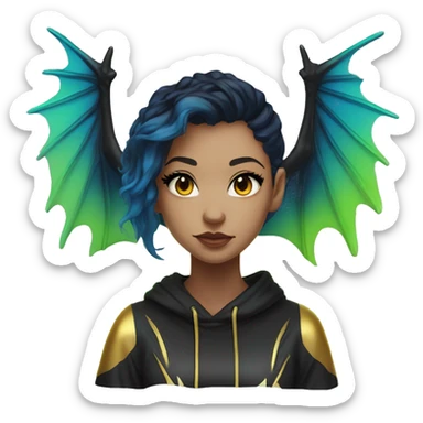 Lady with brunette and iridescent blue hair, gold, lime green dragon wings, black hoodie, bleach dyed, black and gold Nike t shirt, and bright red eyes sticker