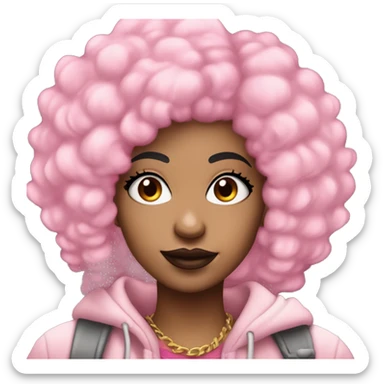 light skin girl with pink afro hair and nose pierced with black eyebrows and looks like the rapper icespice without heart on cheek and has sticker