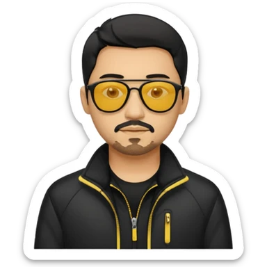 A man with middle part black hair sunglasses with yellowish glasses And black jacket. Goatee short black beard sticker
