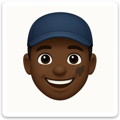 Create a face emoji of a Zimbabwean male mechanic with a friendly expression, wearing a cap and a smudge of grease on the cheek. The style should be suitable for an emoji, capturing the friendly and hardworking character inspired by the reference photo. sticker