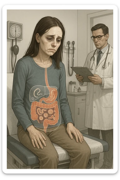 a woman in her 30s sits slumped on a doctor’s examination table, her face pale and eyes sunken with deep fatigue. A transparent overlay on her abdomen reveals stylized images of internal parasites, such as worms or protozoa, inside her digestive tract. The doctor stands nearby, reviewing medical charts. The mood is clinical and educational. sticker