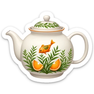 teapot with green herbs and orange tea inside  sticker