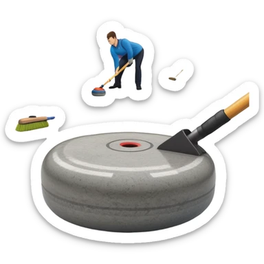 An icon showing a detailed close-up of a curling stone sliding across the ice, with a broom in motion beside it. The background features an indoor stadium with cheering spectators on the stands. Transparent background captures the strategy and focus of curling. sticker