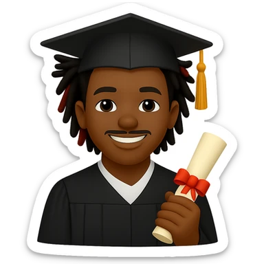 Create a male African American graduate emoji based on the reference photo with his hairstyle and features, wearing a graduation cap and gown, holding a diploma and smiling. Remove the background. sticker