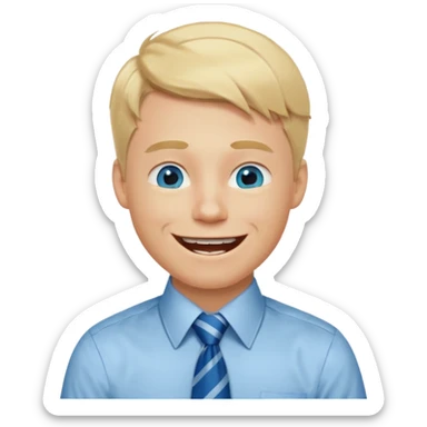 A young guy with blonde hair and blue eyes that looks masculine. make him wear a shirt with a tie. he is danish. He is laughing extremely hard. More extreme expression sticker