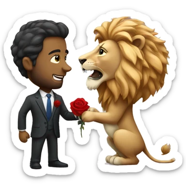 Lion wearing a suit and proposing with rose sticker