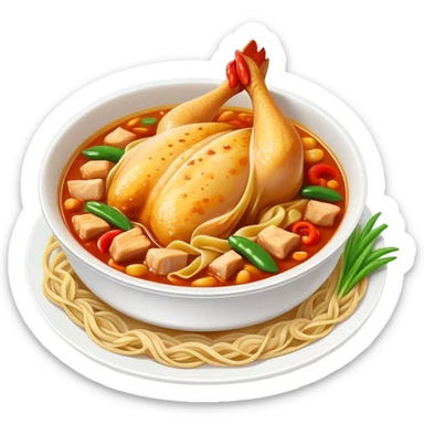 Xinjiang Big Plate Chicken with wide noodles in large dish, simplified emoji style with bold outlines and bright colors, cartoon style spicy chicken stew sticker