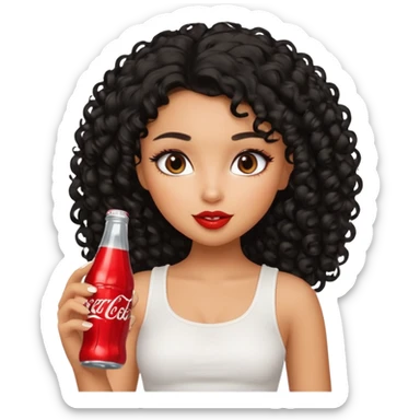 a pretty tan bratz girl with black curly hair drinking coca cola. minimal makeup. white top sticker