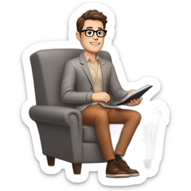 Pale skinned Fit Man With dark brown hair in gray jacket, beige office shirt, Terracotta pants and vintage glasses sitting In a soft chair with a notebook with emblem Ψ and a pen in his hands sticker