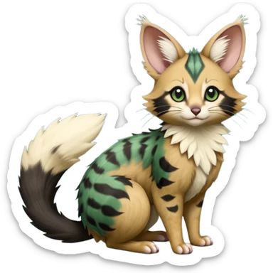 Dark-Green, black-pointed, soft natural realistic romantic vintage antique divine beautiful elegant pretty precious cute young youthful  Fakémon-Pokémon-opossum-feline-serval-caracal-chinchilla-Minccino-Cinccino-Meowstic-rodent-hybrid-creature with a big fluffy bushy tail (full body) sticker