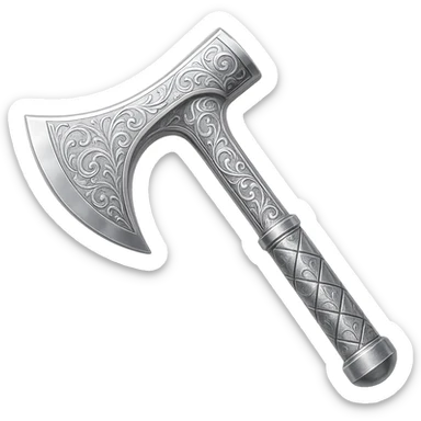 Engrave this steel axe with elegant silver engravings, keep it crisp, shiny, and slightly fancier than iron, realistic metallic steel, emoji style. Transparent background. sticker