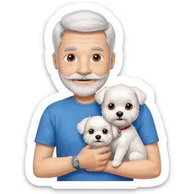 handsome gentleman, 60 years old, short silver hair, beard and moustache, wearing a blue t-shirt, smiling and holding a maltese dog sticker