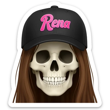 Create a skeleton head wearing a black baseball cap that says "Rena" in pink lettering, with long brown hair sticker