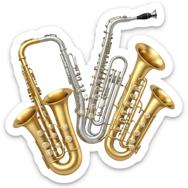 Create a professional, harmonious emoji collage symbolizing wind instruments.  The instruments should be in metallic gold, silver, and brass tones, with subtle reflections to convey a professional and polished appearance. Add soft musical notes or soundwaves to surround the instruments, creating a sense of movement and sound. The background should be transparent, ensuring all instruments are the focus and the composition remains harmonious and balanced. sticker