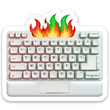White-colored cool mechanical keyboard 65% in greenish-red fire flames in the background. sticker