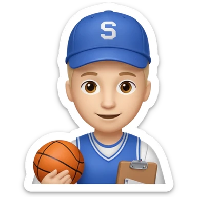 cute basketball coach portrait, head and shoulders only, whistle, cap, clipboard strap, confident smile, 3D cartoon, mobile game icon style, clean background, no text, no watermark
 sticker