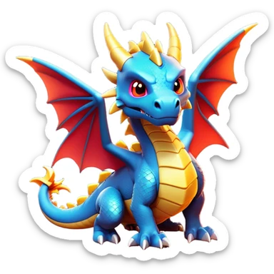Clash of Clans aesthetic: Cinematic fierce Dragon Emoji, rendered in a 3D vector-style similar to standard emojis with minimal shading and bold, simplified shapes. A compact, isometric dragon with majestic wings and intricately scaled details, softly glowing with a legendary, mythical charm. Simplified yet unmistakably iconic, highly detailed and consistent, glowing with a soft radiant brilliance and high shine. Stylized with a touch of fantastical might and a soft glowing outline, capturing the essence of a mighty dragon with a friendly, playful demeanor! sticker