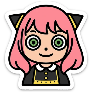 Convert this Anya Forger icon to a color version with her pink hair, green eyes, and black dress with gold accents, keeping the modern icon style and transparent background. sticker