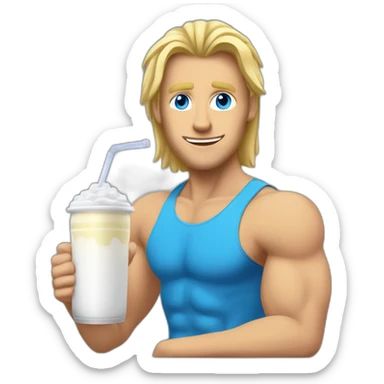 Man with shoulder length blonde hair and blue eyes with muscles sitting in front of computer and a protein shake sticker