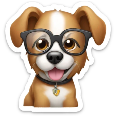 Cute dog in glasses near laptop sticker