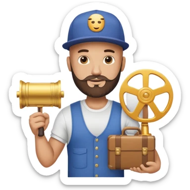 Strong bald man with beard and snapback, giant Instagram reel icon, stack of golden documents, trophy, minimal emoji sticker