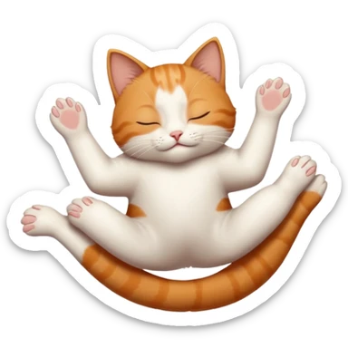 ginger and white small cat eyes closed lying down upside down with paws stretched out in different directions sticker