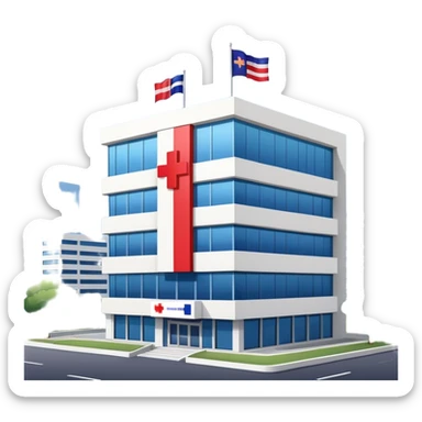 Hospital building with Thai flag waving, red cross medical symbol, Thailand flag with red white blue stripes sticker