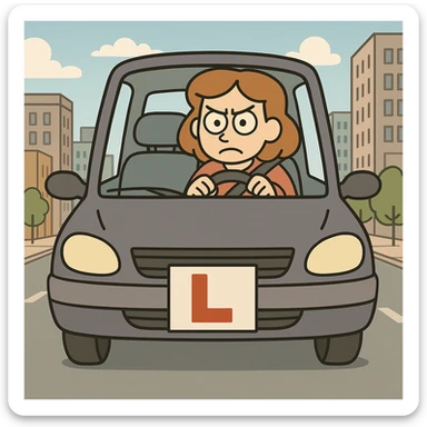 Add a simple city background, keep the focused learner driver in the car with L-plate, cartoon style flat toon illustration. sticker