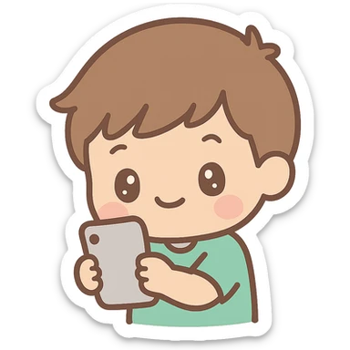 a tan boy with light brown hair holding a phone, kawaii cartoon style sticker