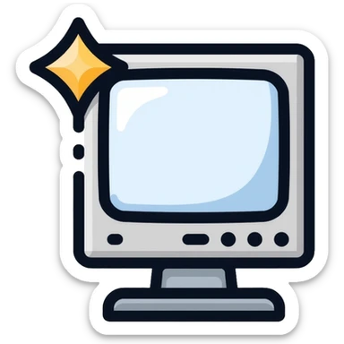 Minimalist CRT monitor with a simple 4-pointed star in the corner, very few details, clean lines sticker