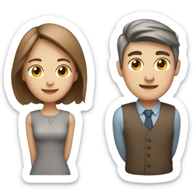 Lovely couple with grey cat. Girl’s skin is light, hair brown. Boy is light skin with collected to tail brown hair sticker