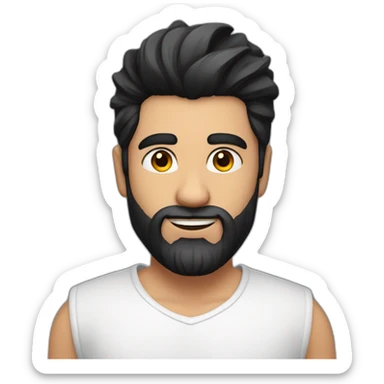 close up of white skin indian in plain white shirt with sleeve up and quiff black hair style and beard sticker