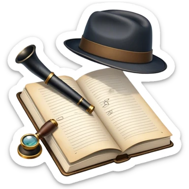 Icon for Detective Reading: an open book with a magnifying glass, a detective’s hat, and a notebook with clues, surrounded by dark shadows and mysterious elements like footprints and a smoking pipe. Transparent background. sticker