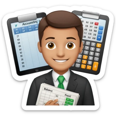 emoji, of a male AUDITOR smiling with Finance spreadsheet , a calculator,plus ADD A puzzle and a Balance for accounting. sticker